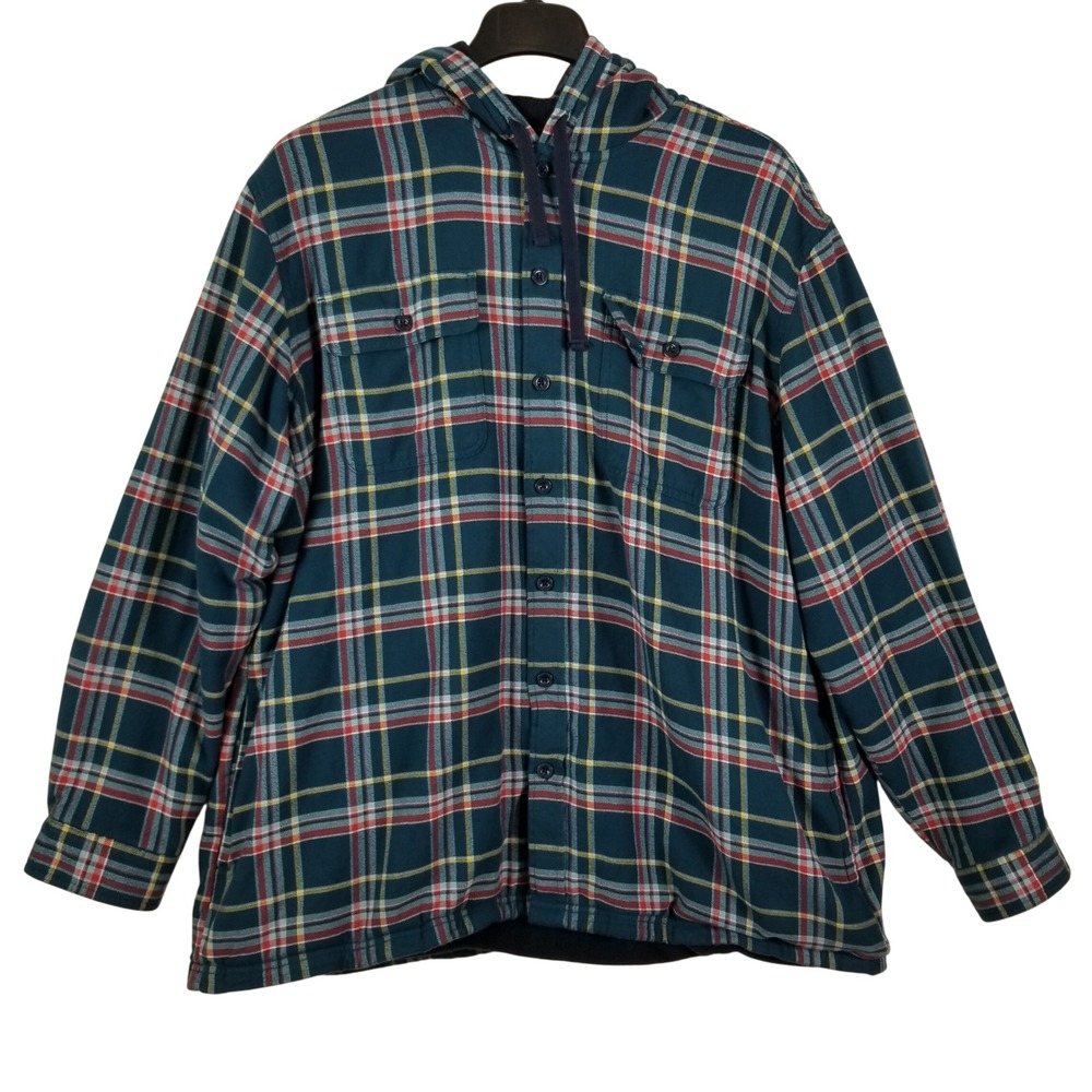 LL Bean Mens‎ XXL Fleece Lined Flannel Hooded Shirt Jacket Plaid Teal